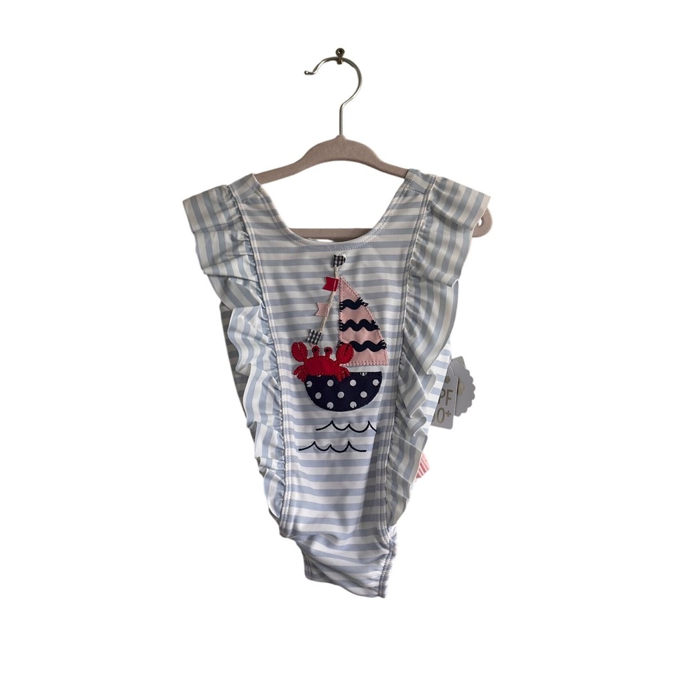 Mud Pie Baby Girl Sailboat Crab Striped Ruffle One Piece Swimsuit 12-18M UPF 50+